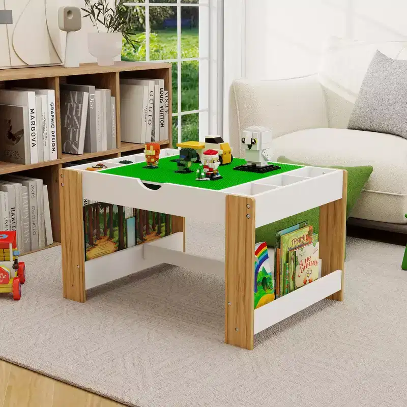 Whisen Kids 2 in 1 Play Table with 7 Storage Compartments, Compatible with LEGO Building Block - White & Green