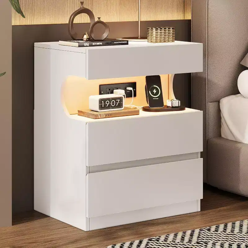 Comodino Bianco con Luce LED e Stazione di Ricarica - Comodino a 3 Cassetti con Porte USB
