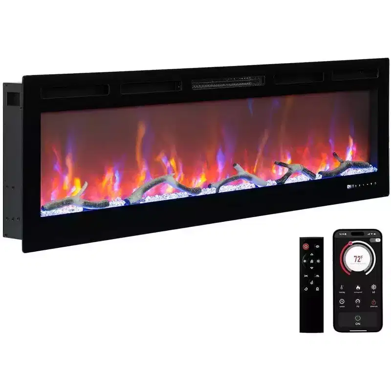88 inch Electric Fireplace, Smart Recessed or Wall-Mounted, WiFi Control, Dual Heat 750/1500W, 12 Flame Colors, Touch Screen, Timer