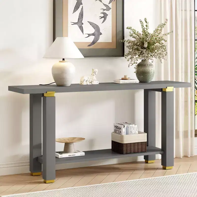 Okak 63IN Modern Narrow Console Table, Entryway Table with Metal Accents and Open Shelf, Accent Table for Living Room, Hallway, Gray
