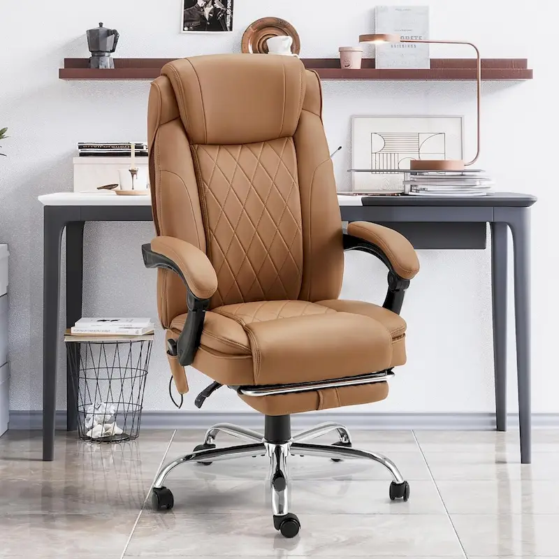 Ergonomic Heated Executive Office Chair, 2/4/6-Point Massage, Retractable Footrest, PU Leather