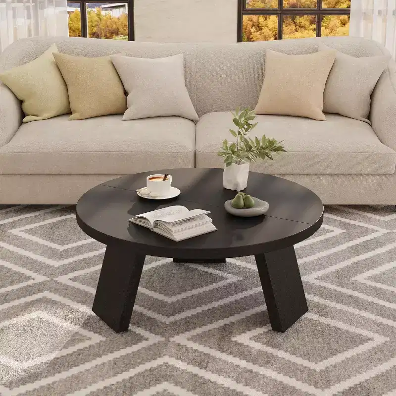 33.5 Round Coffee Table with Inclined Legs - Vintage Wood Grain Center Table for Living Room Bedroom