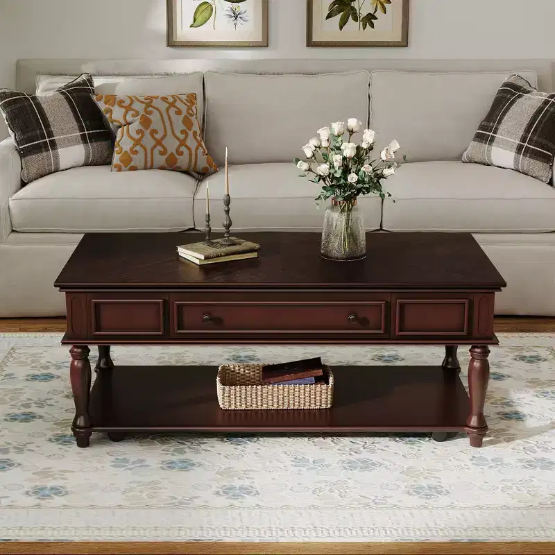 Farmhouse Coffee Table with Drawer, Vintage Rectangle Center Table with Lockable Wheels for Living Room