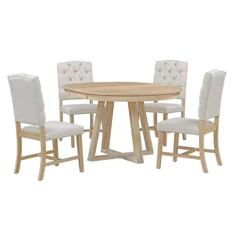Whisen Retro Style 5-Piece Extendable Dining Set with 4-Botton Tufted Upholstered Chairs
