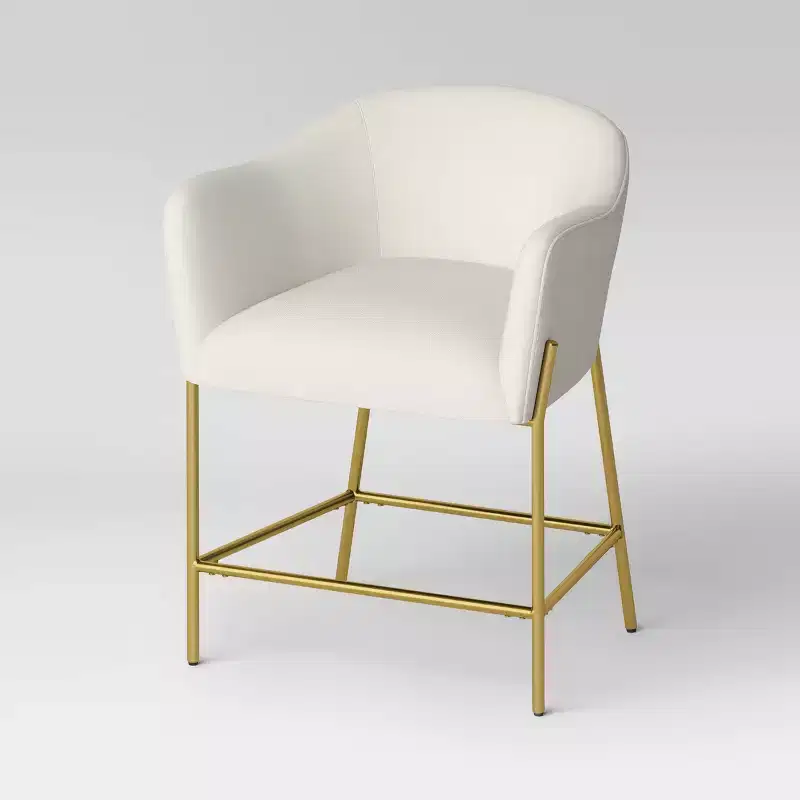 Counter Height Barrel Barstool – Cream Boucle, Brass Legs, Cushioned Seat & Back