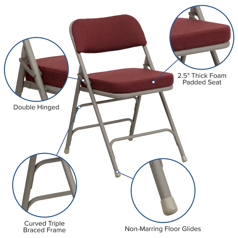 2 Pack Curved Triple Braced & Double Hinged Upholstered Metal Folding Chair