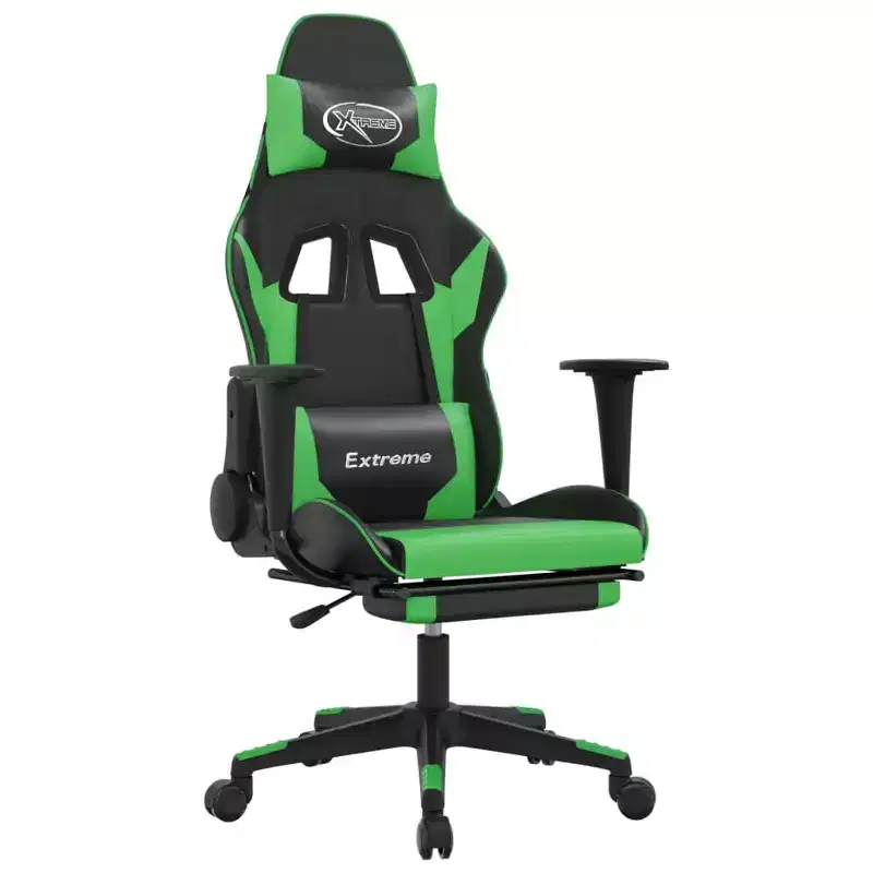 vidaXL Massage Gaming Chair with Footrest, Black&Green, Faux Leather