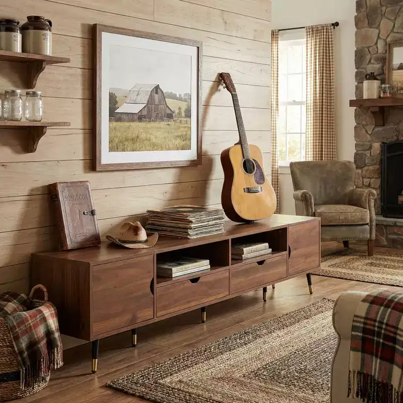 78.7'' Walnut Media Console, Mid-Century Modern TV Stand, Suitable for TVs Under 85 Inches, Featuring Drawers, Open Shelving, for Living Room
