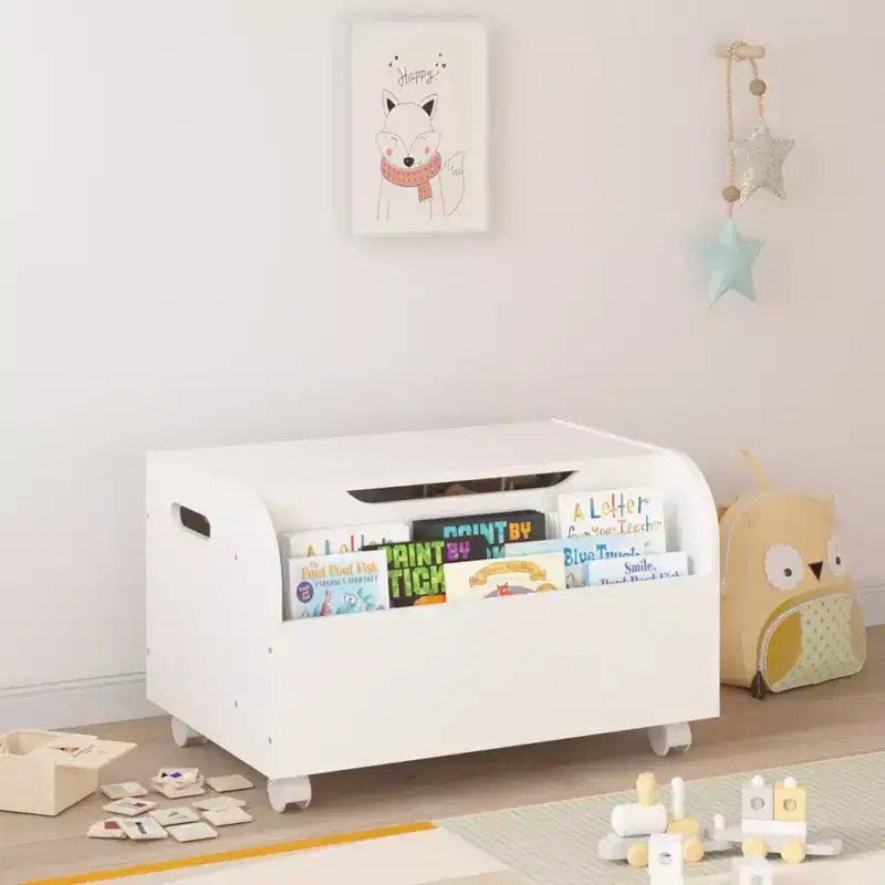 Wooden Toy Storage Bench with 4 Swivel Casters, Featuring Front Shelf, Flip-Top Lid, and Safety Hinges. Suitable for Playroom Organization