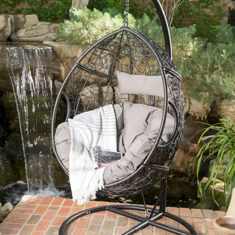 Wicker Hanging Basket Chair with Water-Resistant Cushions – 300 lbs Capacity