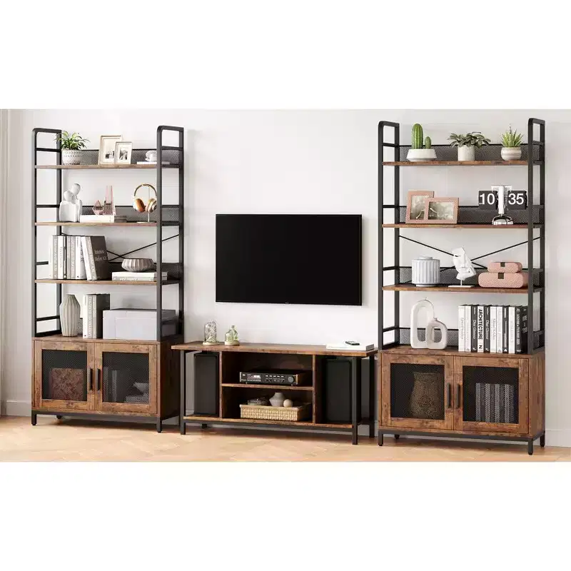 Industrial Bookshelf 3-Tier with Wire Mesh Doors - Vintage Iron & Wood Storage Shelf for Living Room Study, Heavy Duty