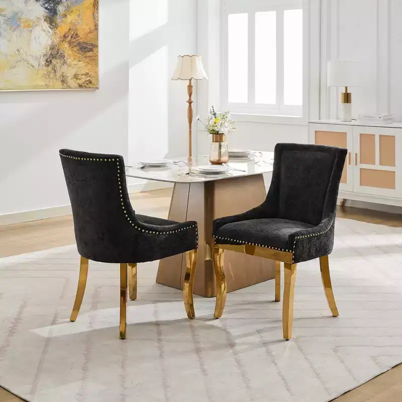 Okak Modern Chenille Dining Chairs Set of 2, Comfy Fabric Chairs with Thick Upholstered, Accent Chairs with Gold - Plated Legs Rivet Trim