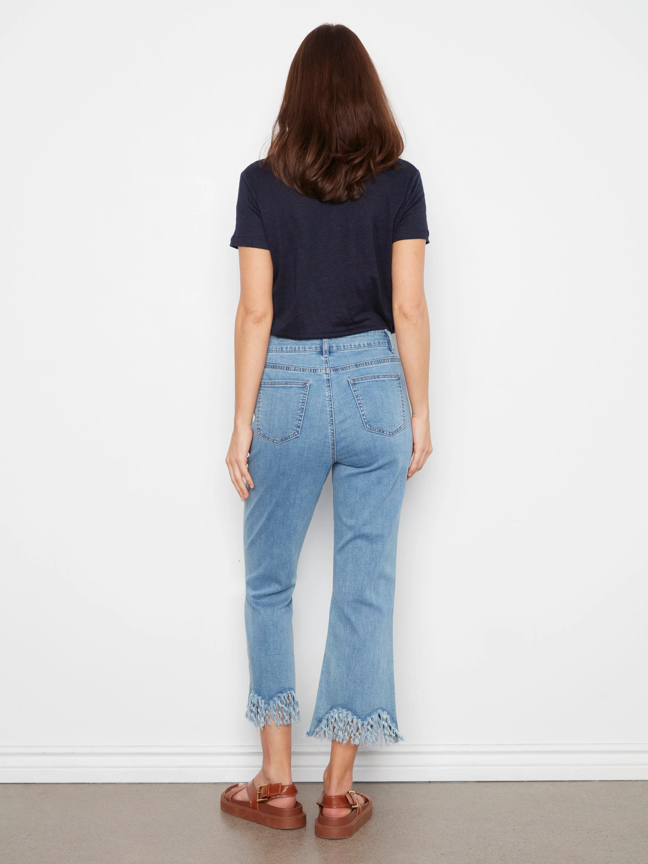 Cropped Jeans With Fringed Hem - Blue Jean
