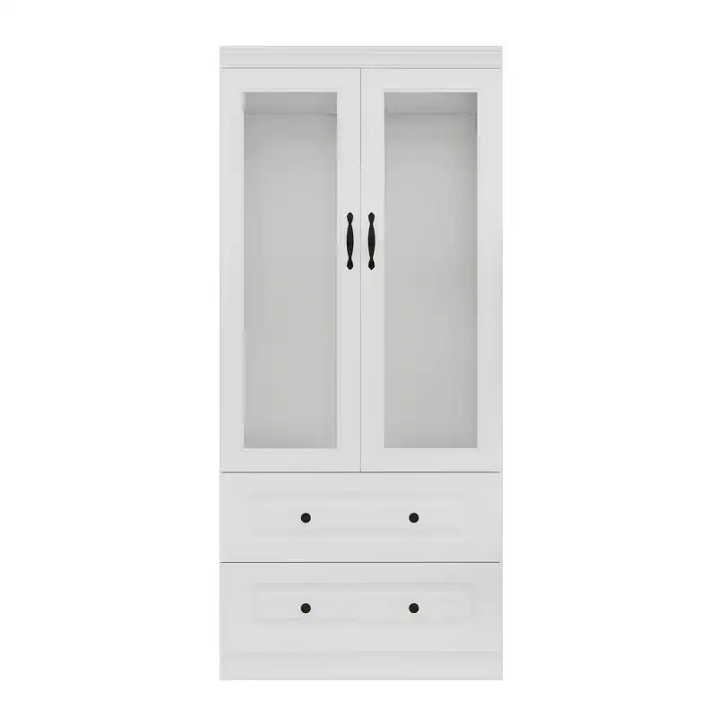Keloyid White Wood 31.5 in. Armoire with 2 Drawers and 2 Glass Doors