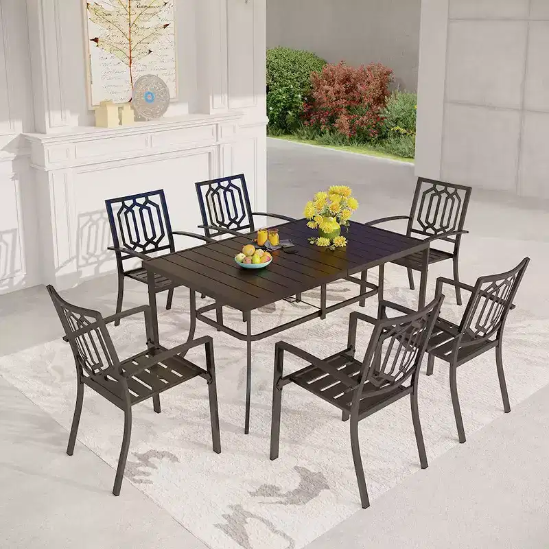 7pc Patio Dining Set with 59"x35" Steel Table with 1.57" Umbrella Hole & Steel Arm Chairs - Black - Captiva Designs