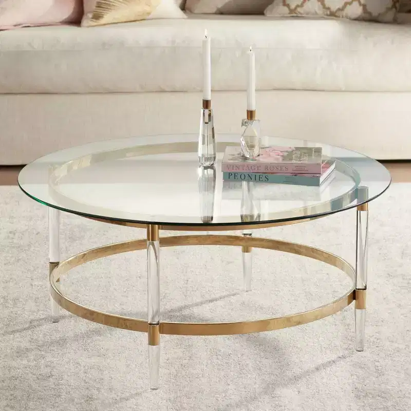 55 Downing Street Saarinen Modern Minimalist Gold Round Coffee Table 38 Wide Clear Glass Tabletop and Legs for Living Room Bedroom House