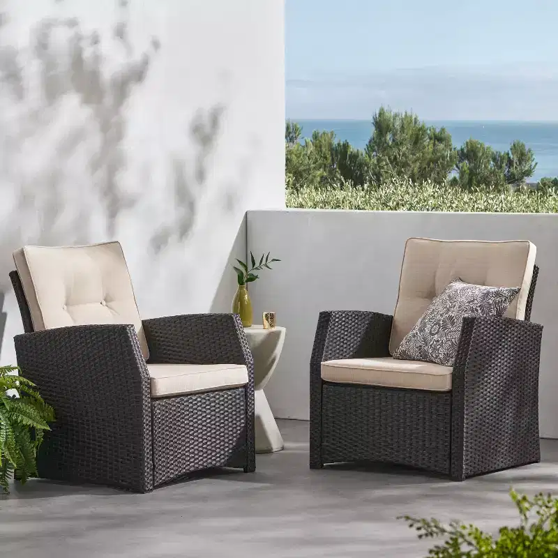 Christopher Knight Home Sanger Outdoor Wicker Club Chair with Button-Tufted Cushions (Set of 2), Dark Brown/Beige