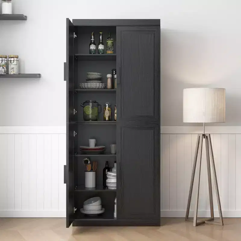 72x31x16 Wood Grain Buffet Cabinet in Black, Storage Organizer with Adjustable Shelves and Rattan Doors for Kitchen Bedroom Entryway Living Room
