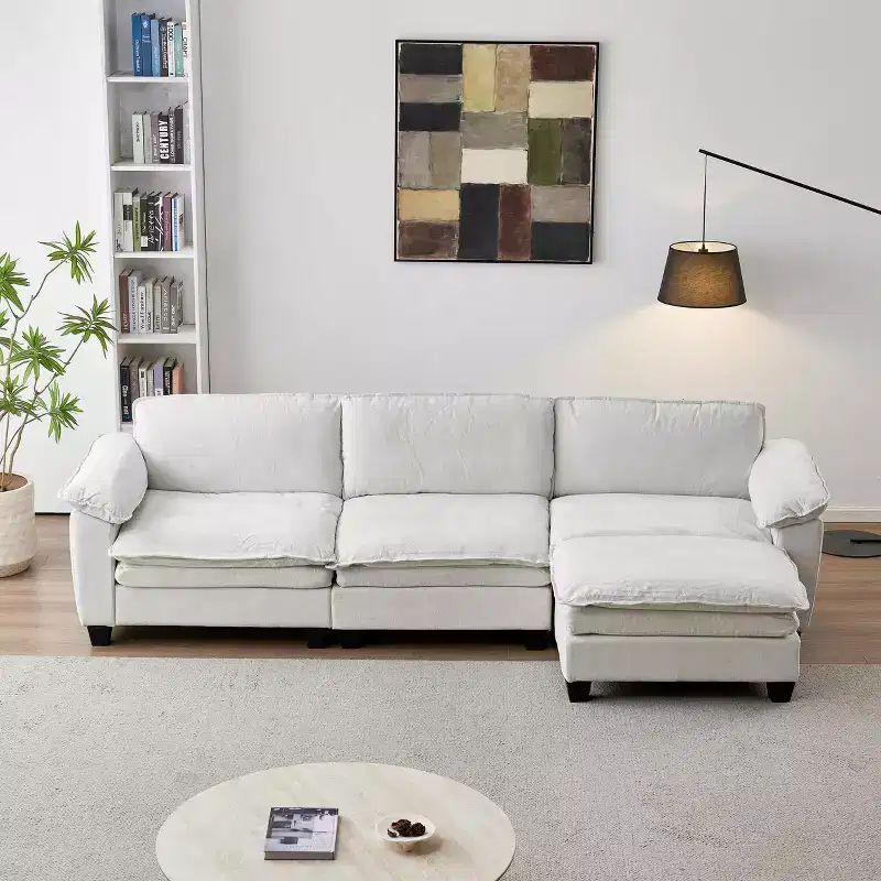 Modern Luxury Sofa with Ottoman, Soft Chenille Upholstered, for Living Room, Beige