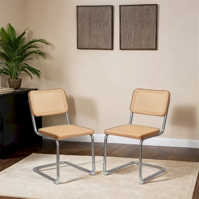 Cantilever Dining Chairs with Rattan Back and Chrome Frame, Set of 2