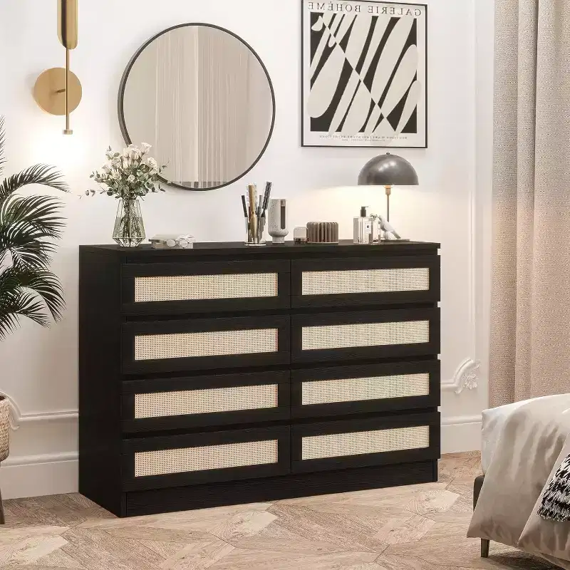 8-Drawer Rattan Double Dresser – Wood Chest for Bedroom or TV Stand