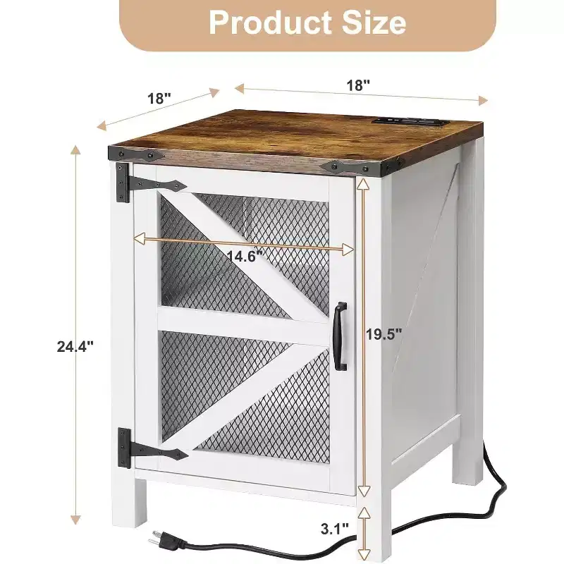Farmhouse End Table with Charging Station, 18'' Rustic Nightstand with Barn Door and Adjustable Storage Shelf, Wooden Sofa Side Table with Storage