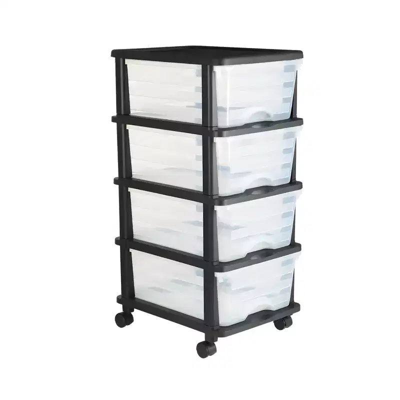 Plastic Storage Drawers Cart, 4 Drawers Storage Organizer with Wheels, Rolling Closet Organization and Storage Dividers, Transparent & Black