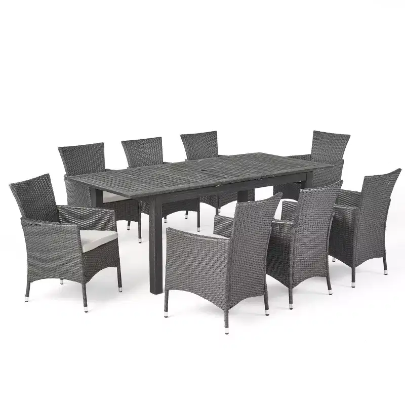 GDFStudio Aloha Outdoor Acacia Wood and Wicker 9 Piece Expandable Dining Set, Light Gray/Gray