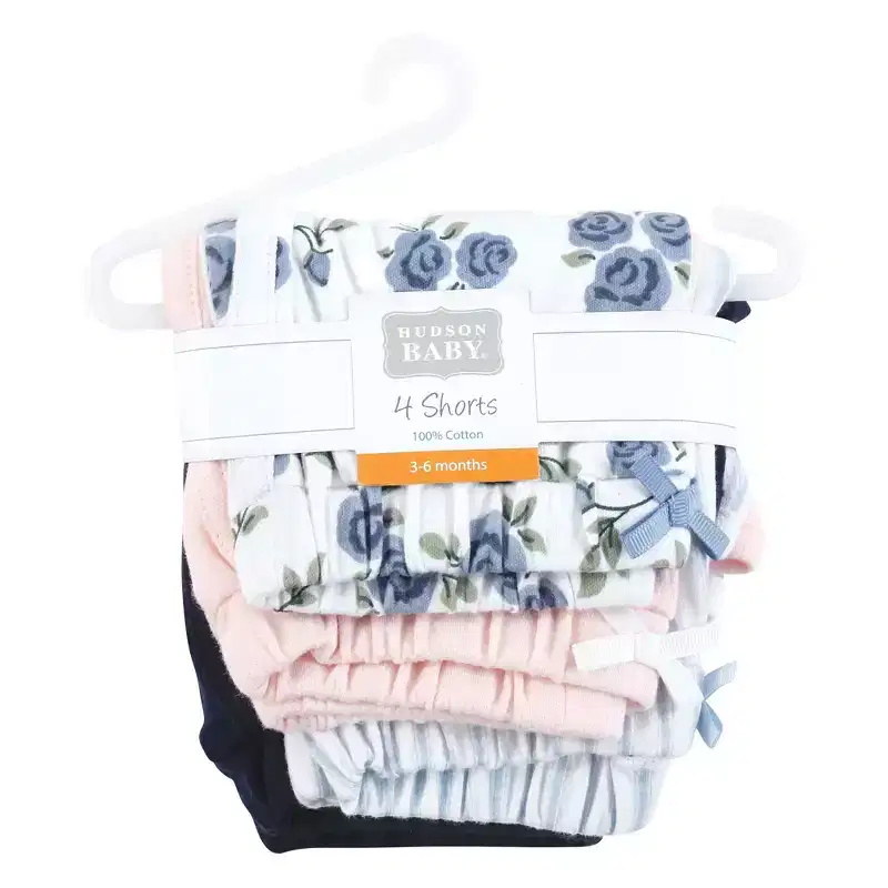 Hudson Baby Infant Girls Shorts Bottoms 4-Pack, Blue Rose