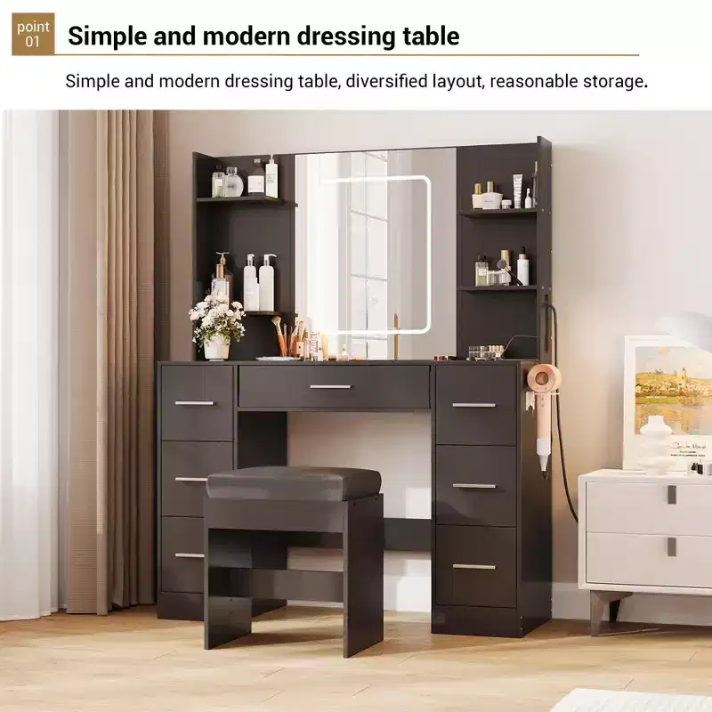 Vanity Desk with Stool, Bedroom Vanity Table Set, Hair Dryer Rack, Open Shelves, 7 Drawers, 3 Color Modes Brightness Adjustable Dressing