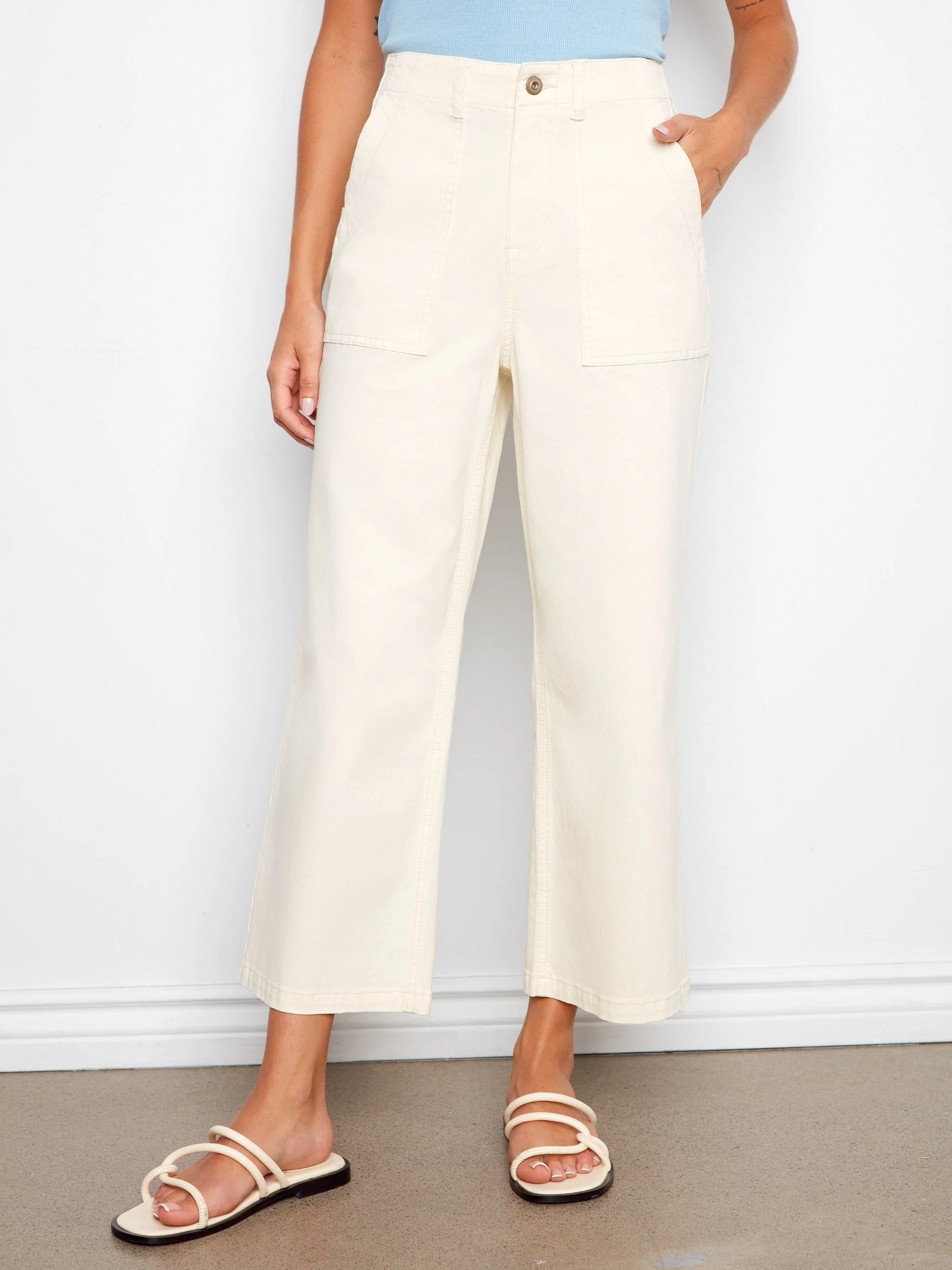 Cropped Utility Pocket Twill Pants - Natural