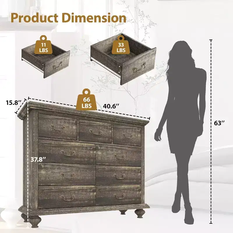 9 Drawer Farmhouse Dresser with Metal Handles, Retro Chest Storage Organizer for Bedroom Living Room Entryway
