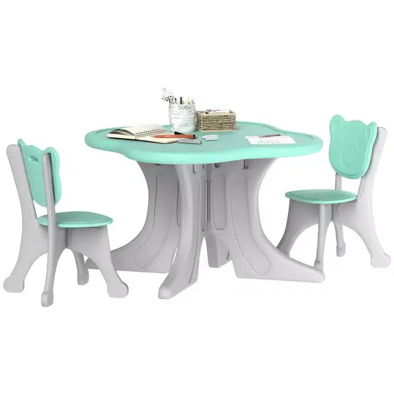 3-Piece Kids Table and Chair Set for Toddlers Ages 3-6, Light Blue, Bear-Shaped Backrest
