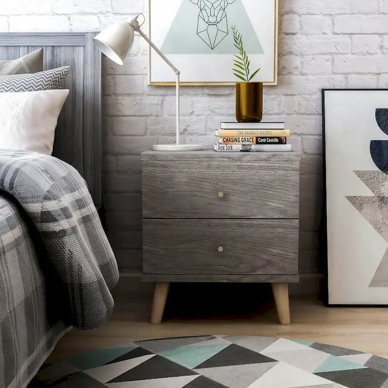 Mid-Century Modern Distressed Grey 2-Drawer Nightstand with Knobs