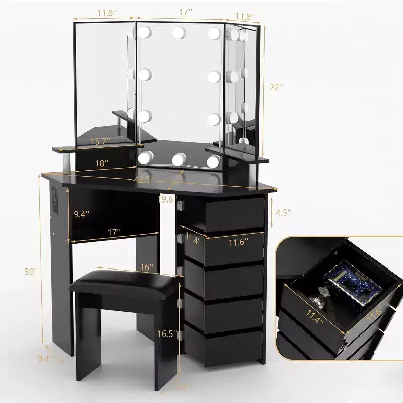 Makeup Vanity Desk - Vanity Desk Set with Lights & Power Outlet 5 Rotating Drawers 3 Lighting Adjustable,for Bedroom