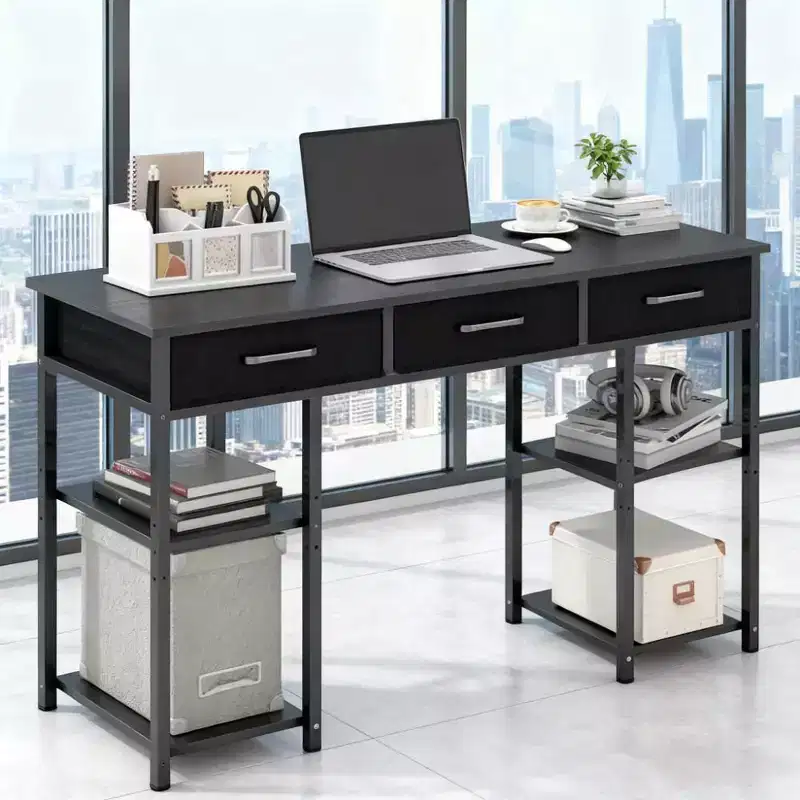TUYOHW 47.2 Computer Desk,Office Desk with 3 Fabric Drawers,2 Adjustable Shelves,Steel Frame,Writing Desk for Home Office,Study,Bedroom