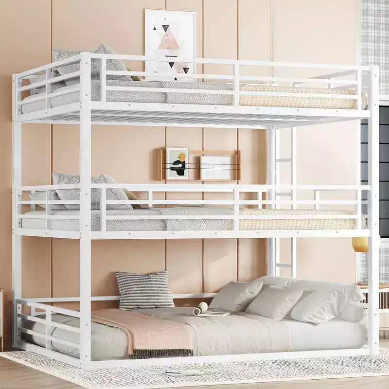 Queen over Queen over Queen Bunk Bed Metal Triple Bunk Bed with Safety Guardrails Heavy-duty Bunk Bed with Noise-reduced Design White