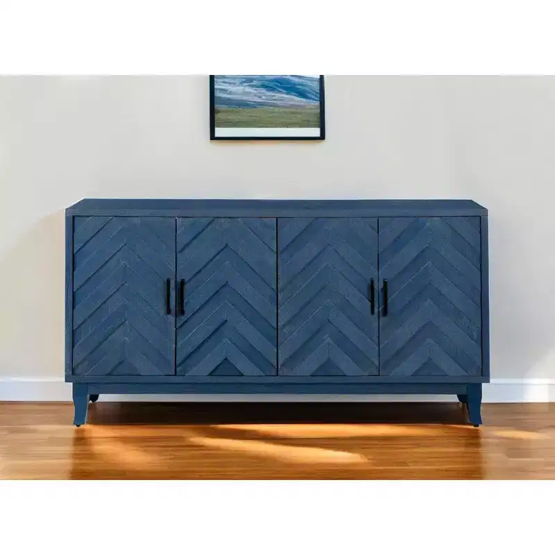 HomeRoots 60 Blue Textural Chevron Distressed Wood Sideboard with Four Doors