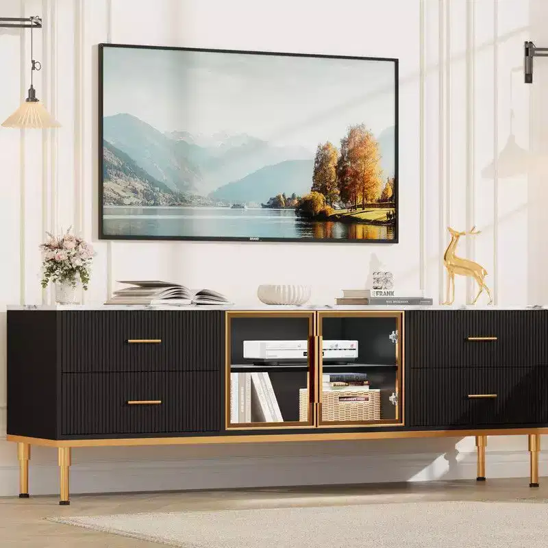 LED Lighted TV Stand for 55-75 TVs, Modern Entertainment Center with Drawers & Shelves, Glass Doors Living Room Furniture
