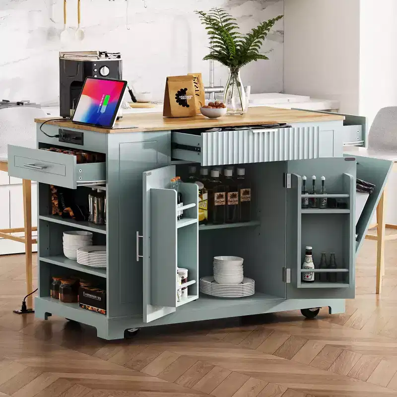 Whisen Classic Style Kitchen Islands on 5 Wheels with 3 Drawer and 3 Open Side Racks
