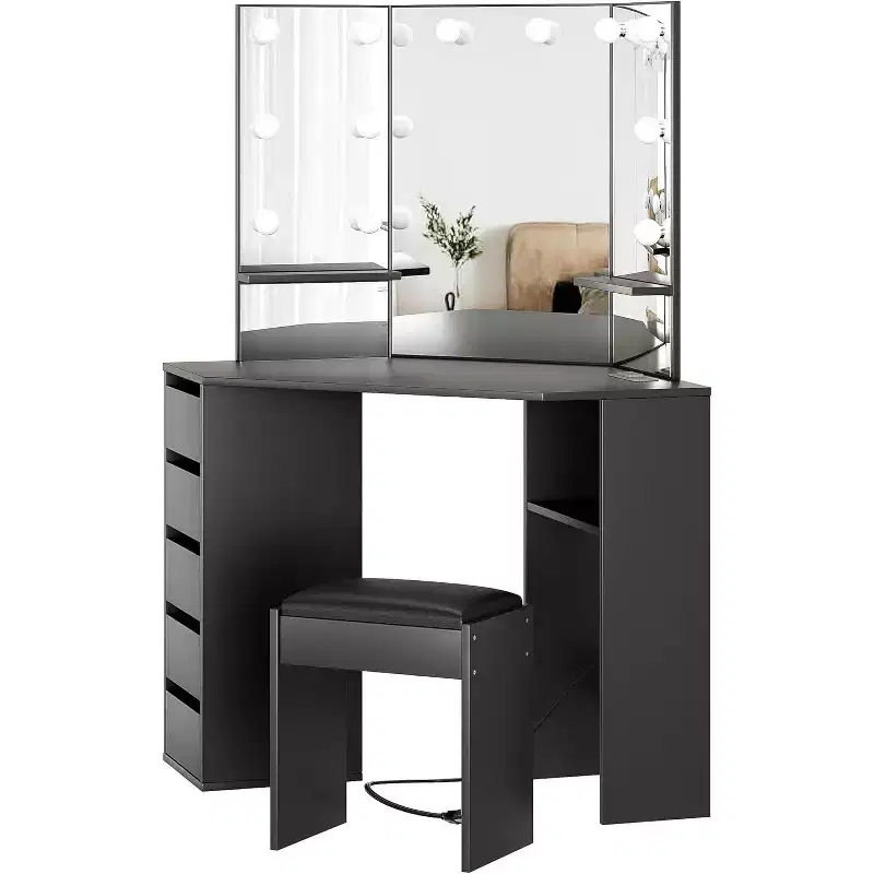 COZONY Vanity Desk with Mirror and Lights, Corner Vanity Set with 3 Lighting Options, 5 Drawers, Shelves & Cushioned Stool, Black