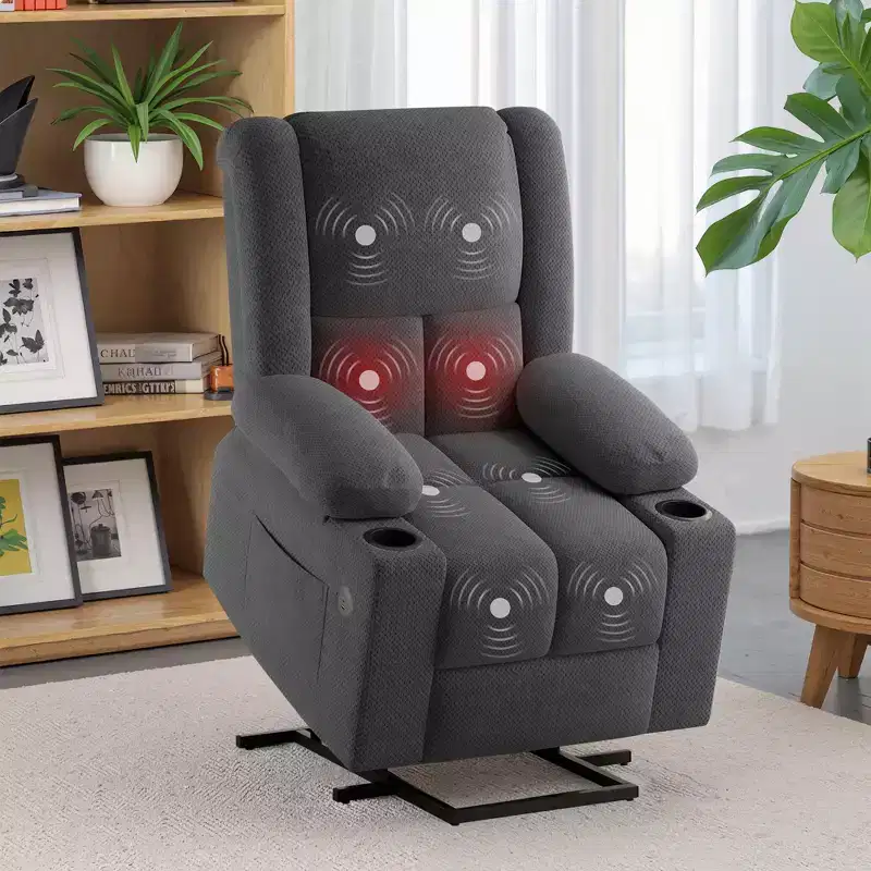 Gray Power Lift Recliner Chair with Massage, Heat, USB Ports & Cup Holders