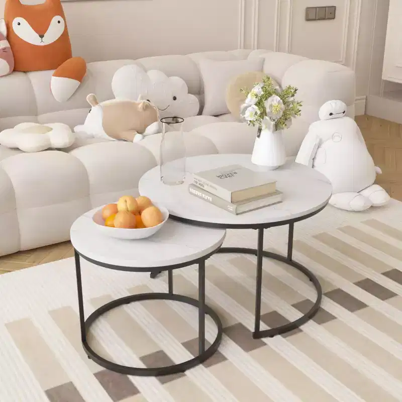 27 Round Nesting Table Set of 2, Industrial Wood-Look Tops with Sturdy Metal Frame, Space-Saving Accent End Tables, White