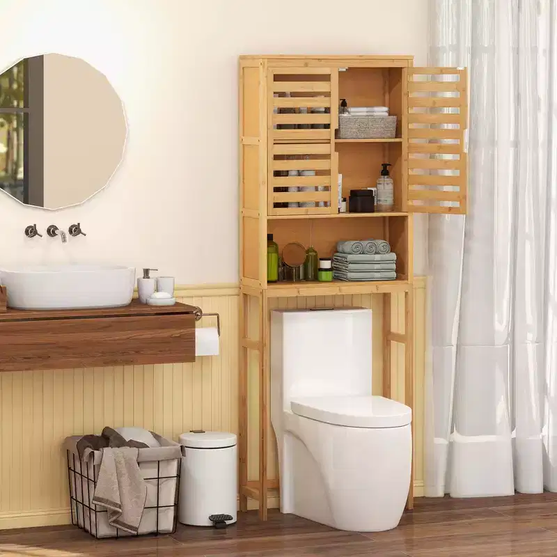 Over the Toilet Storage Cabinet Tall Bathroom Bamboo Shelf Organizer Space Saver