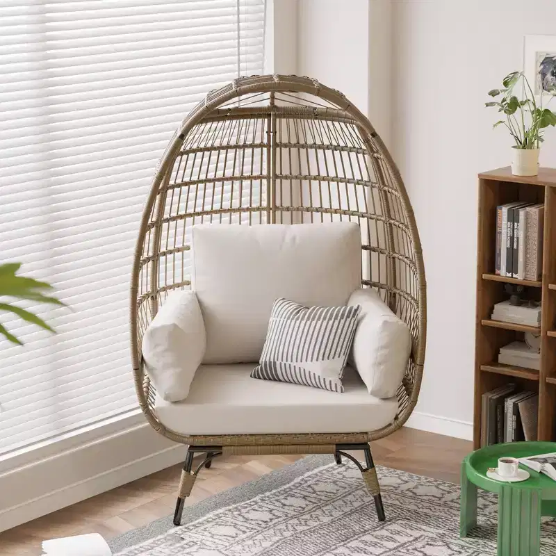 GustoWave Oversized Wicker Egg Chair with Cushions, Rattan Lounge Chair with Steel Frame for Patio, Porch, or Indoor Use