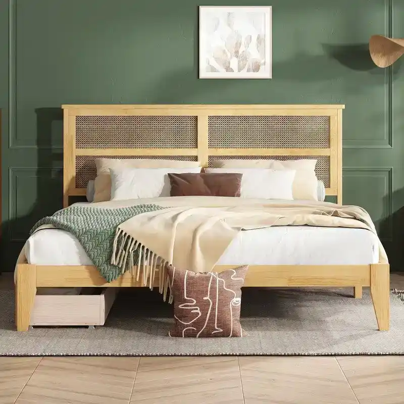 Rubber Wood & PVC Rattan King Platform Bed with 2 Drawers 84.7