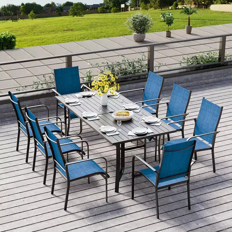 EROMMY 9 Piece Patio Dining Set, Outdoor Dining Table And Chairs Set For 8, 8 Textilene Chairs, 1 Iron Rectangular Table With Adjustable Umbrella Hole