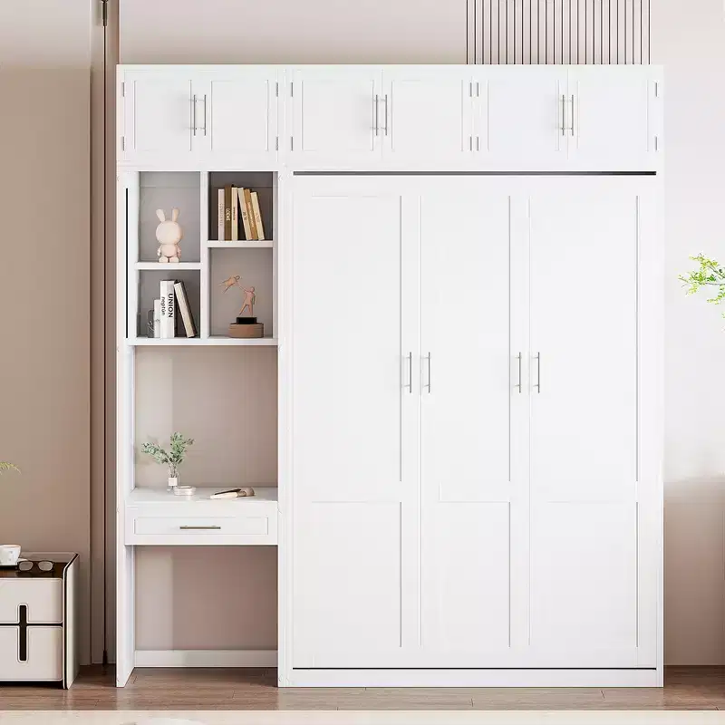Twin Size Wall Murphy Bed with Top Cabinet, Shelves, LED Light & USB, Space Saving