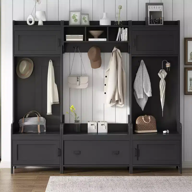 Modern Hall Tree with 7 Hooks, 4 Doors & Storage Bench – Wood, 78.7x15x72 in