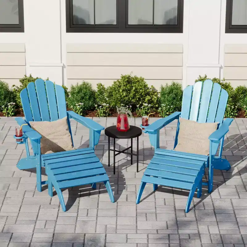 WestinTrends Highland 4-Piece Outdoor Patio HDPE Adirondack Chairs With Ottomans and Cup Holder Set, Pacific Blue
